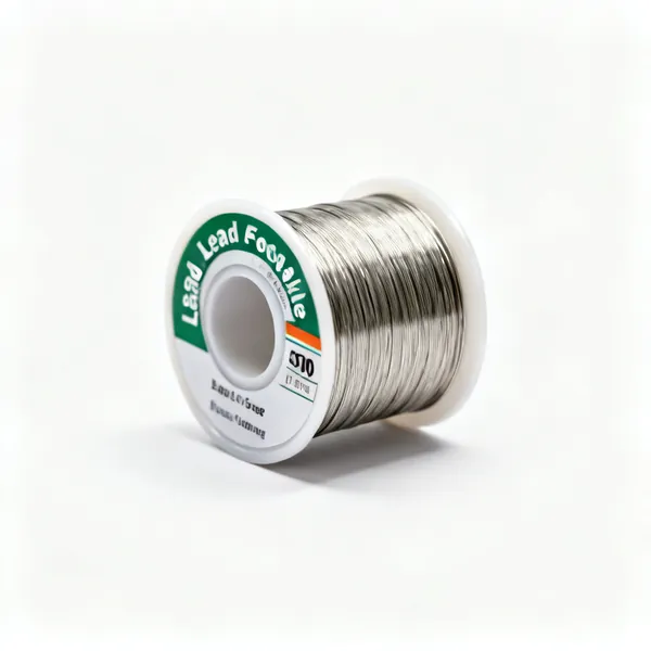 A reel of lead free solder wire with a label facing outward