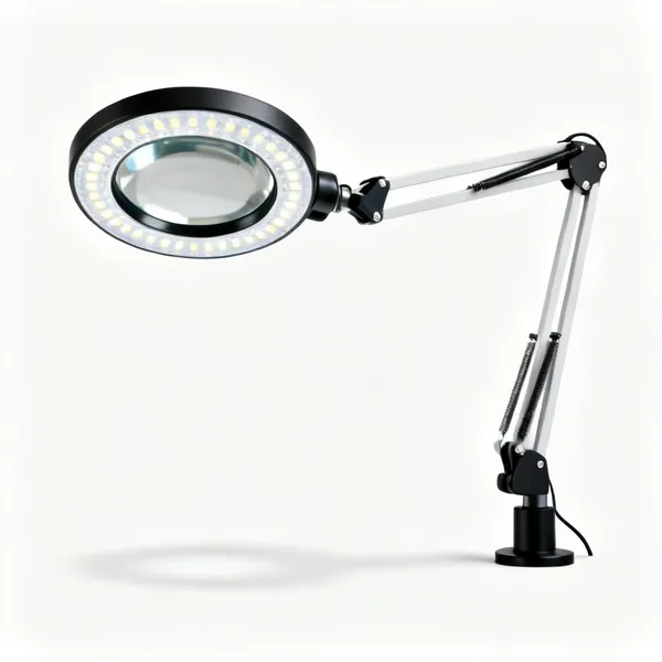 Magnifier lamp: A magnifying lamp with a large lens, an LED ring and an adjustable arm