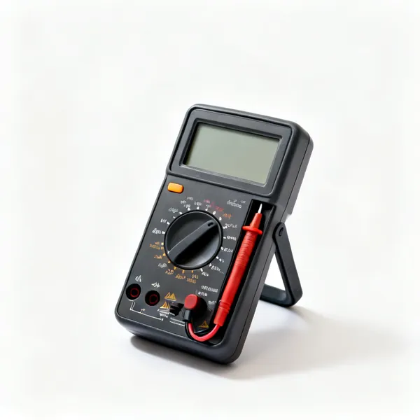 A digital multimeter with a display, rotary dial and two test leads