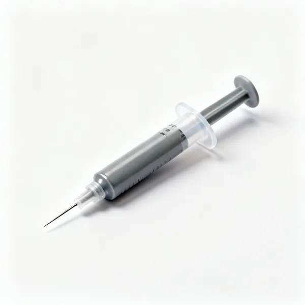 A syringe of grey solder paste with a fine dispensing needle