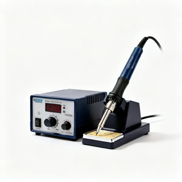A soldering station with a control base, digital display and a pencil iron in a stand