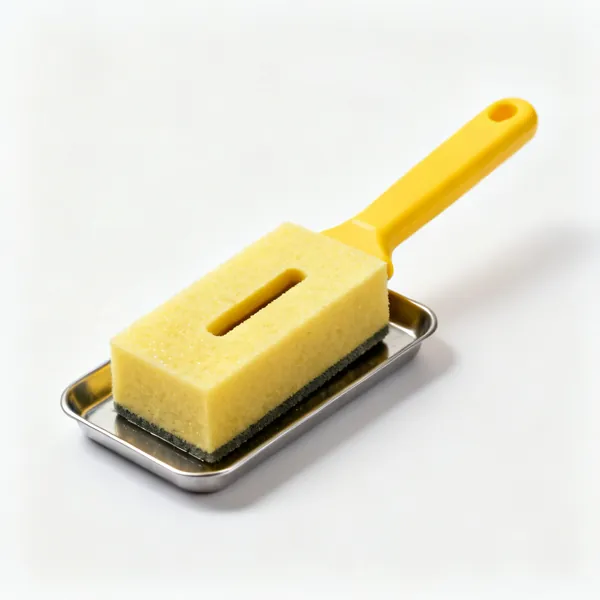 Cleaning sponge: A yellow soldering sponge with a slot, damp on a metal tray