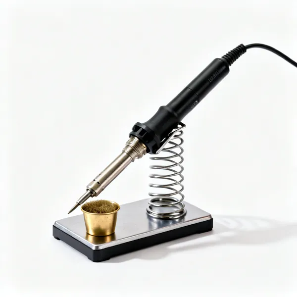 A compact metal soldering iron stand with a coiled spring cradle and a small brass wool cup on its base, centred with clear space at every edge