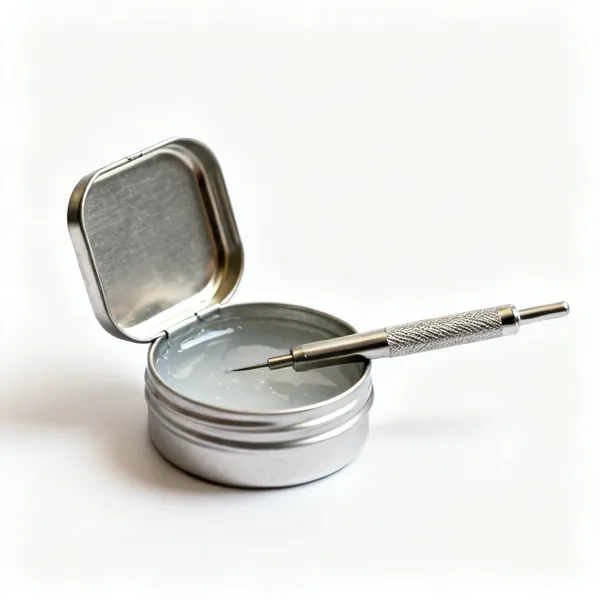 A small tin of soldering tip tinner cleaner paste with the lid open
