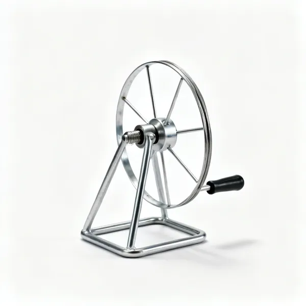 A metal cable drum stand with a spindle