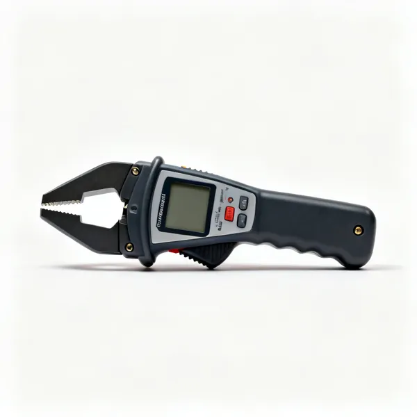 A clamp meter with a hinged jaw and digital display