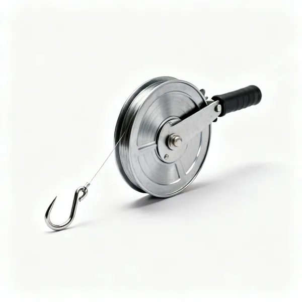 A fish tape reel with a flat steel tape and a hooked end