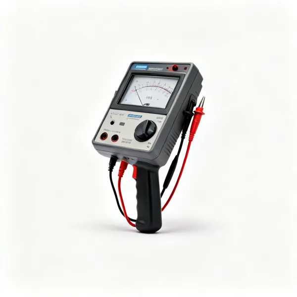An insulation resistance tester with a large display and leads