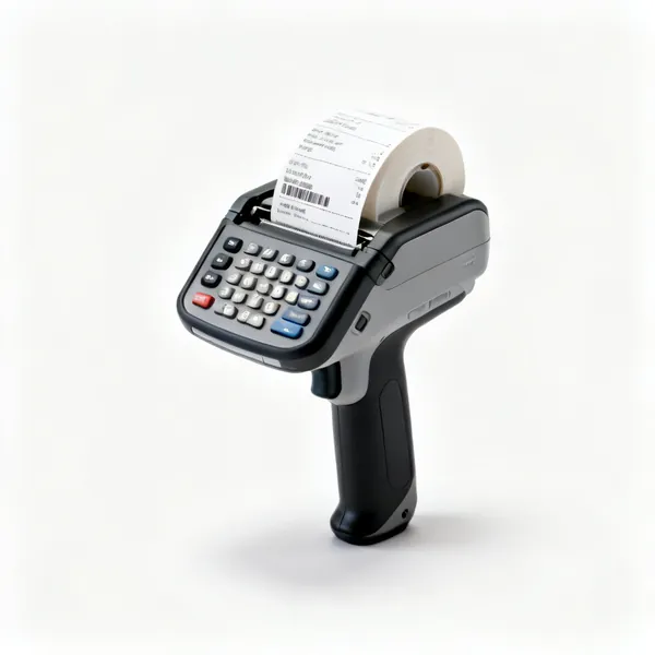 A handheld label printer with a keypad and printed tape