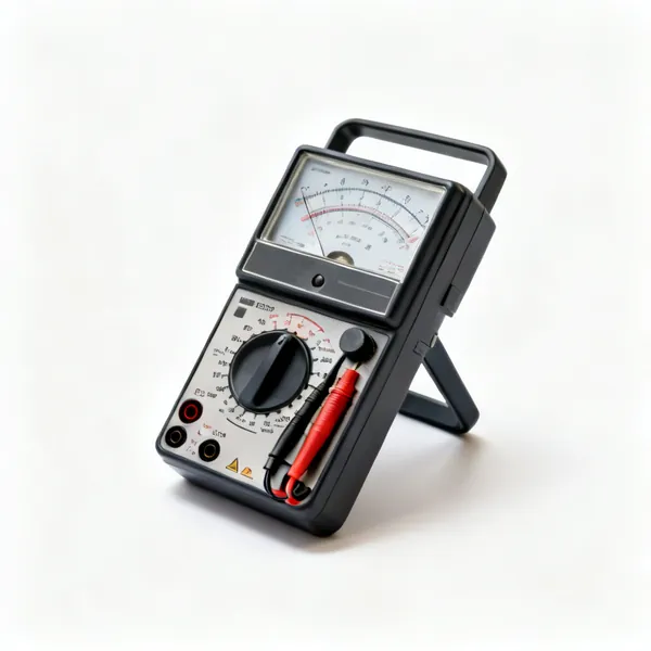 A digital multimeter with a display, dial and two test leads
