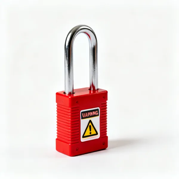 Padlock and tag: A red safety padlock with a warning tag