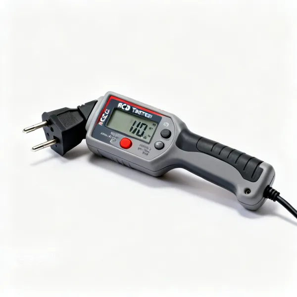 An RCD tester with a plug and a digital display