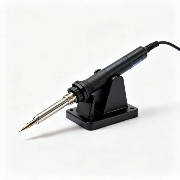 An electric soldering iron with a stand and a pointed tip