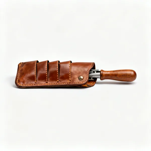 A leather electrician's tool pouch with slots