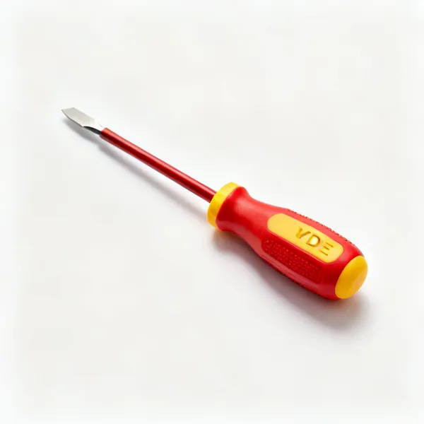 VDE flat screwdriver: A VDE insulated flat blade screwdriver with a red and yellow handle