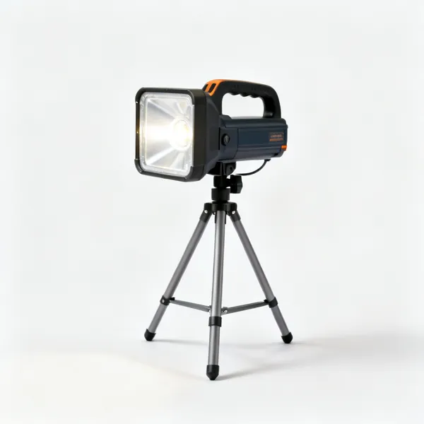 A portable LED work light on a folding stand