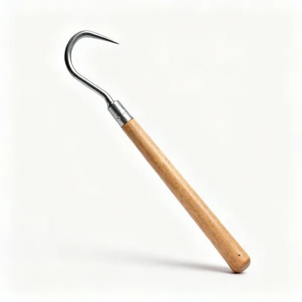 A bale hook with a curved steel point and a wooden handle