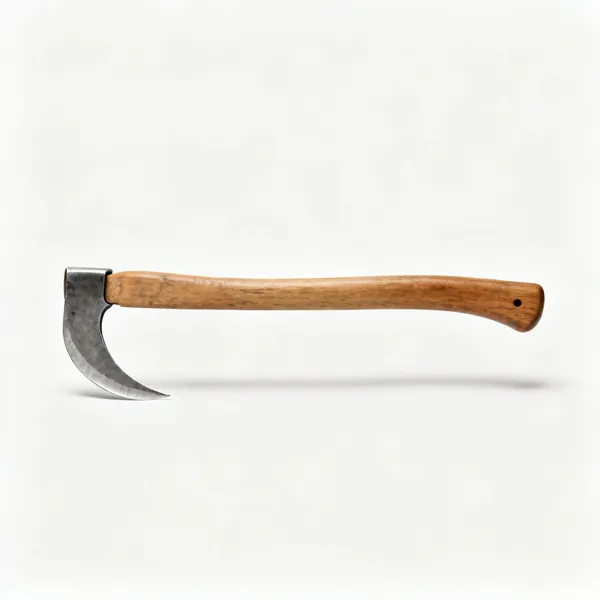 A billhook with a hooked steel blade and a wooden handle