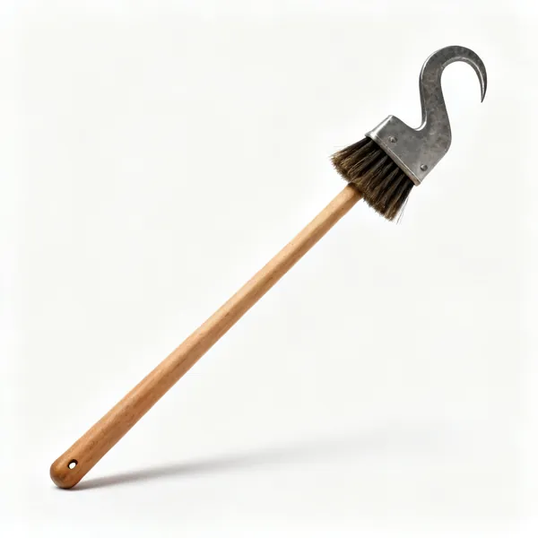 A brush hook with a heavy hooked blade on a long wooden handle