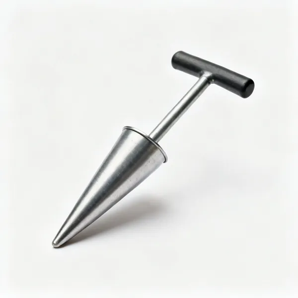 A bulb planter with a tapered steel tube and a T handle