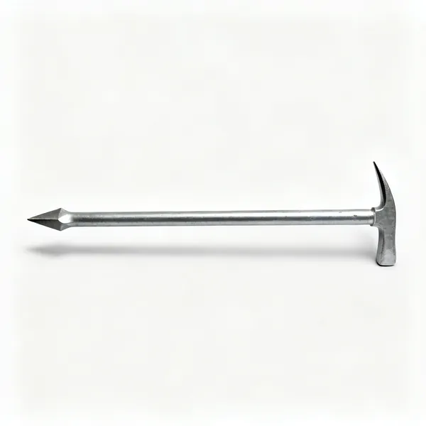 A long steel crowbar with a chisel end and a pointed end