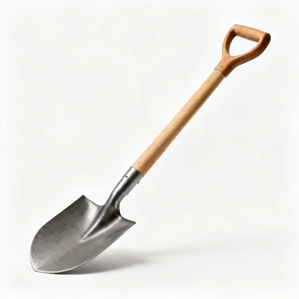 A digging spade with a flat steel blade and a wooden shaft with a D handle