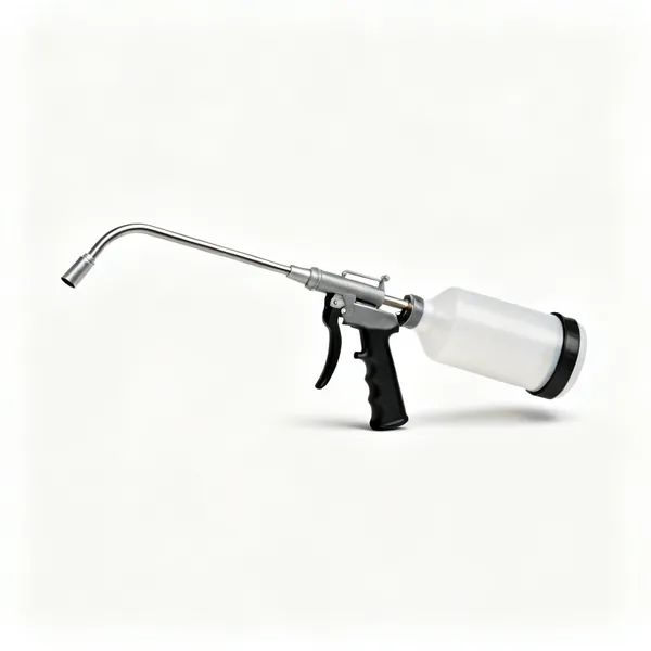 A livestock drenching gun with a curved nozzle and a dosing barrel