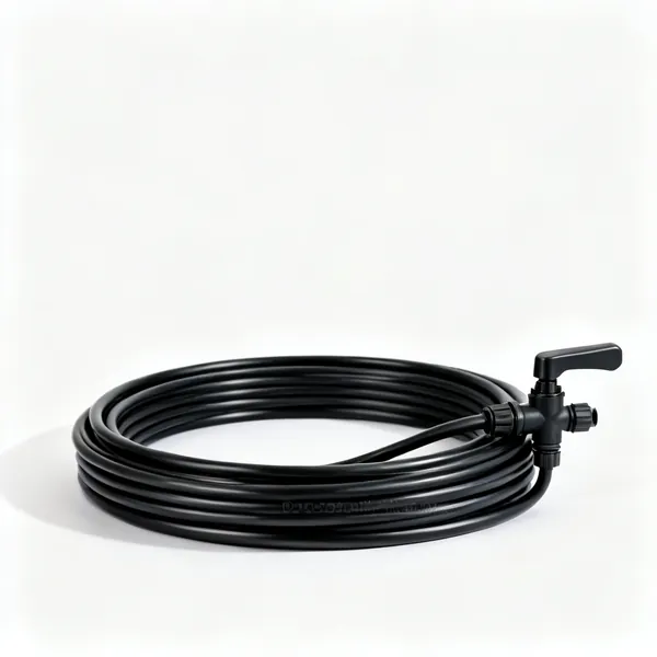 A length of black drip irrigation pipe with emitters