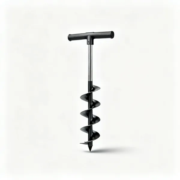 A manual earth auger with a corkscrew bit and a T handle