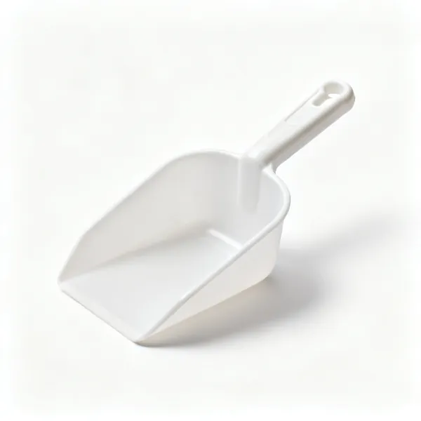 A plastic feed scoop with a moulded handle