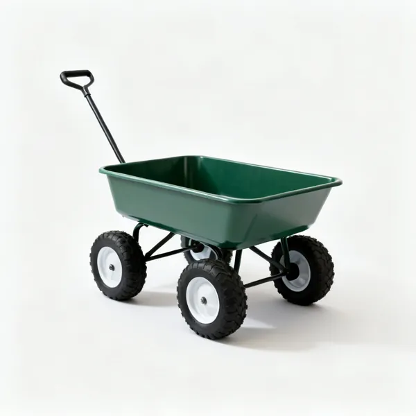 A four-wheeled garden cart with a deep tray and a pull handle