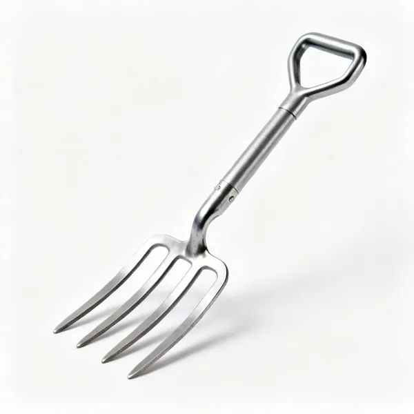 A garden fork with four flat steel tines and a D handle
