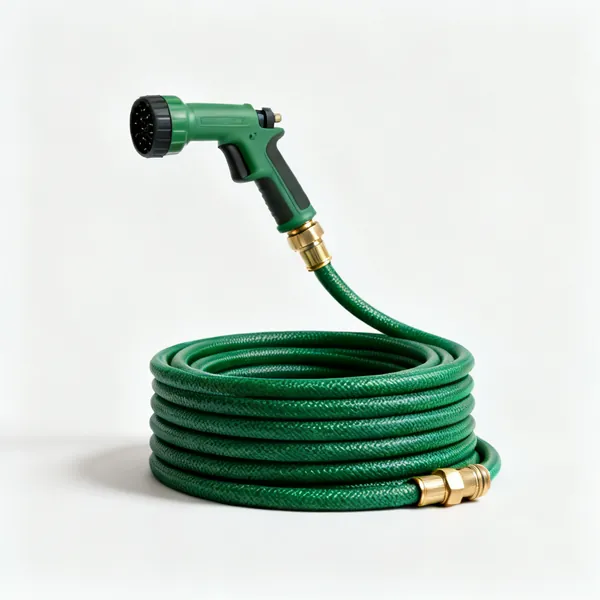 A coiled green garden hose with brass fittings