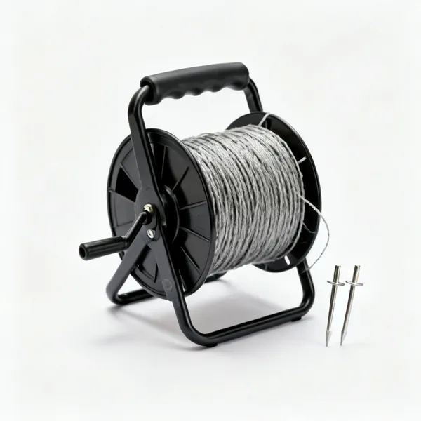 A garden line reel with string wound on it and two metal pegs