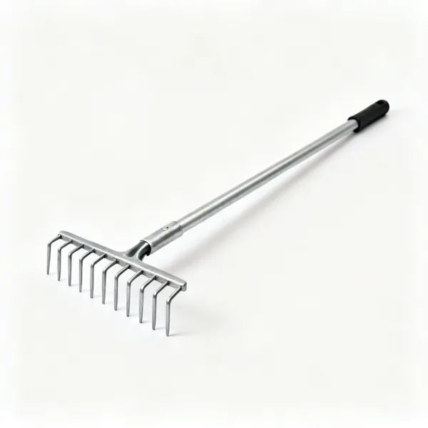 A garden rake with short rigid steel tines on a straight head