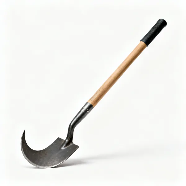 A grass hook with a heavy short curved blade