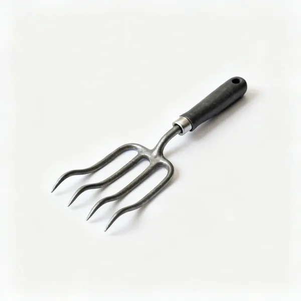 A three-tined hand cultivator with curved prongs and a short handle