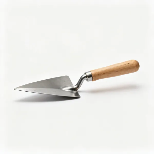 A hand trowel with a pointed metal blade and a wooden handle