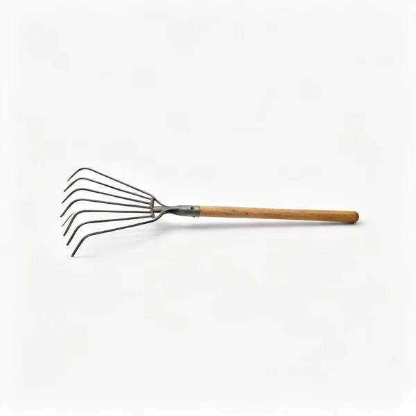 A hay fork with long thin curved tines and a wooden shaft