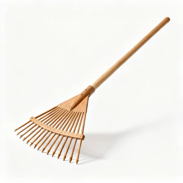 A wooden hay rake with a wide head and long wooden pegs