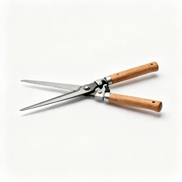 A pair of hedge shears with long straight blades and wooden handles