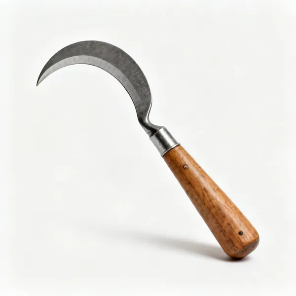 A hoof knife with a hooked curved blade and a wooden handle