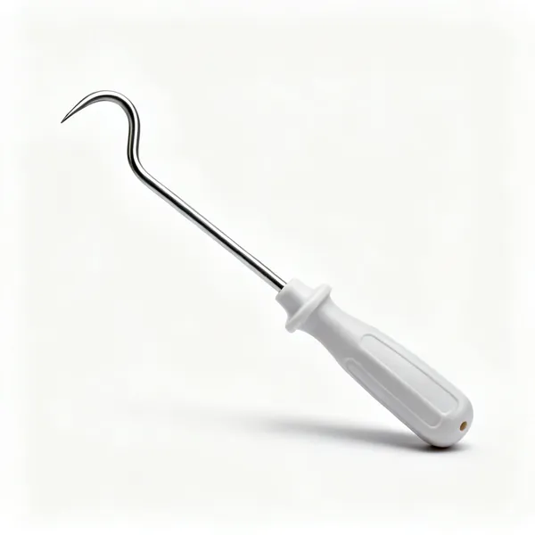 A hoof pick with a curved steel hook and a plastic handle