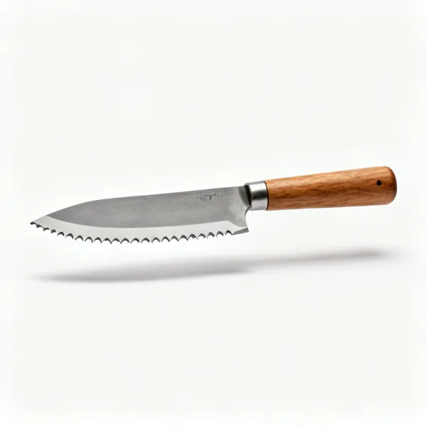 A hori hori digging knife with a concave serrated blade and wooden handle