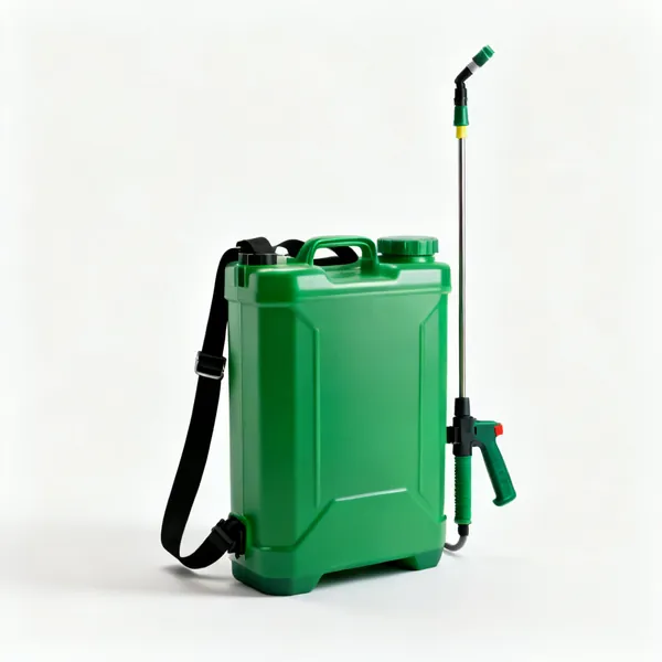 A green knapsack sprayer with shoulder straps, a pump handle and a lance