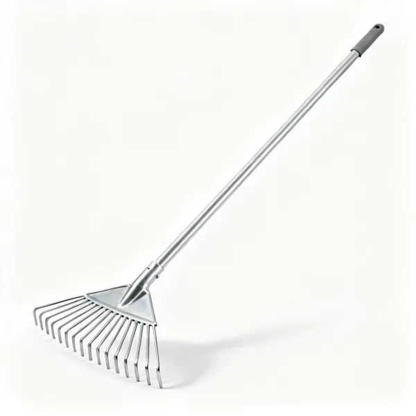 A wide aluminium landscape rake with a long straight head