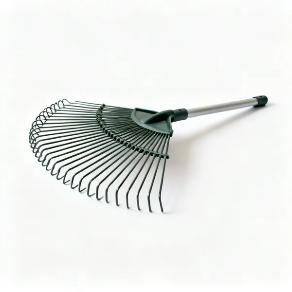 A leaf rake with a wide fan of springy tines