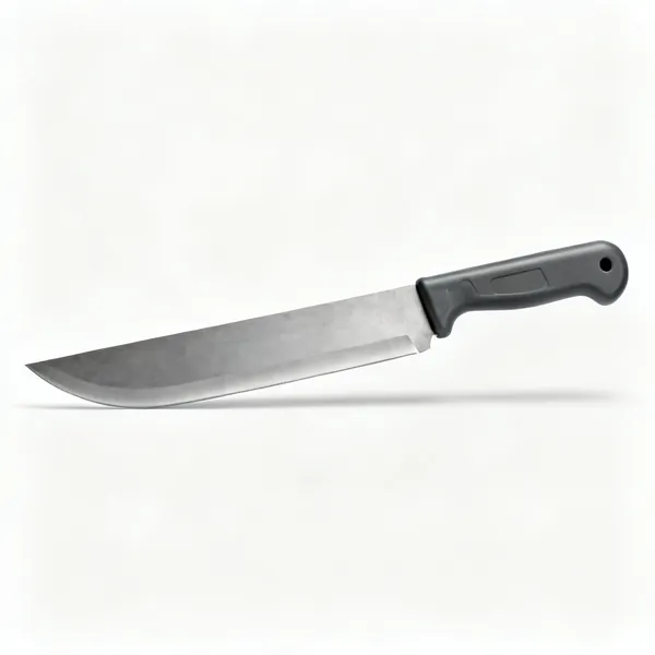 A machete with a long broad steel blade and a moulded handle