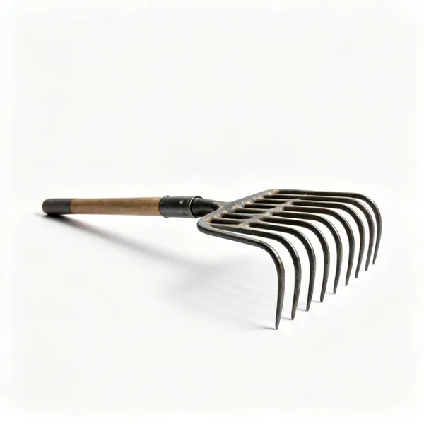 A manure fork with many closely spaced curved tines