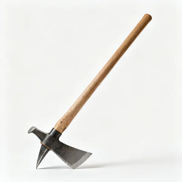 A mattock with a wide adze blade on one side and a pick on the other